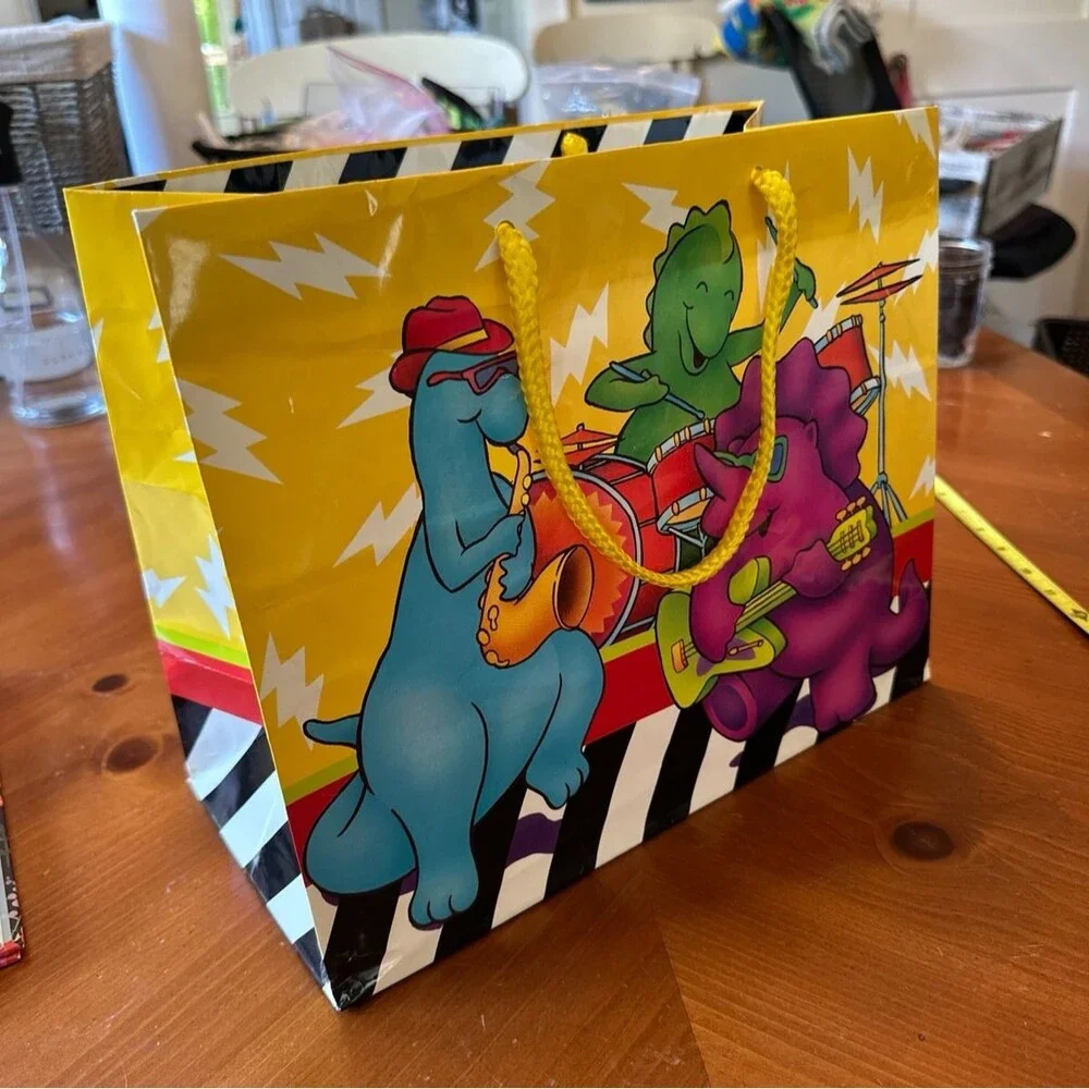 Vintage 1990s Dinosaur Dino Music Party Colorful Gift Bag 12x10''